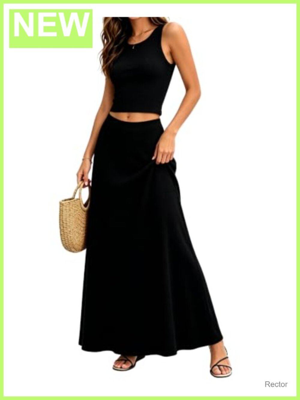 Ribbed Knit 2 Piece Maxi Skirt Set Sleeveless Tank Top Matching Lounge Set